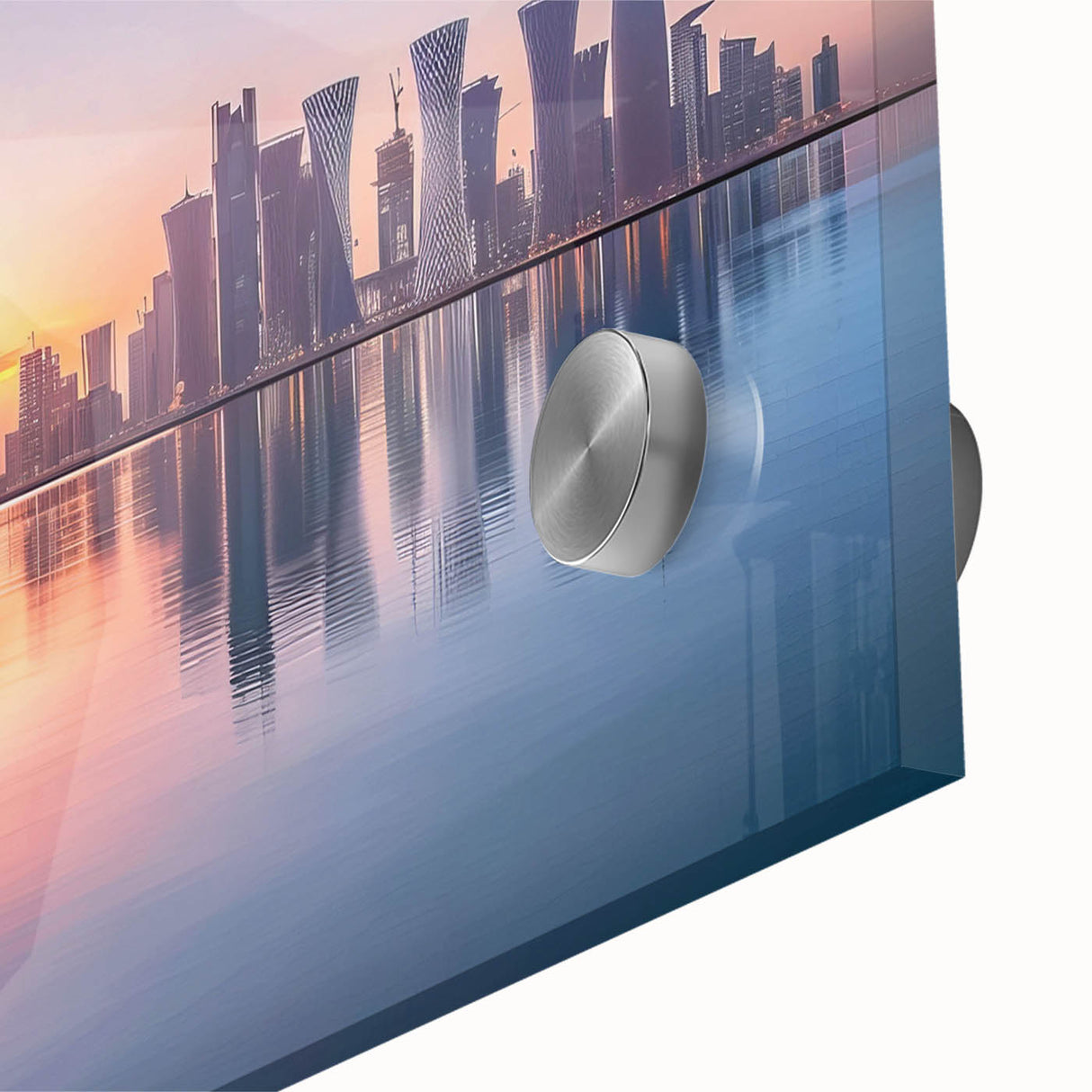 Mid-century modernist abstract depiction of Qatar scenery on large acrylic glass, ideal for dining room art.
