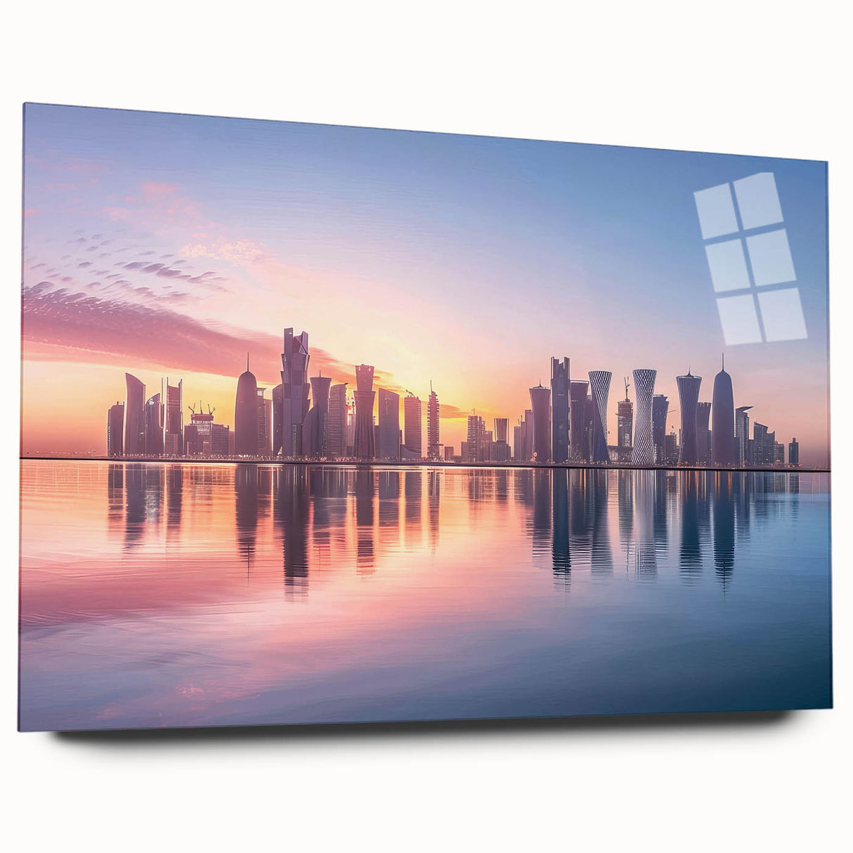 Large abstract wall art depicting a Middle Eastern Qatar scenery in muted earth tones on acrylic glass.