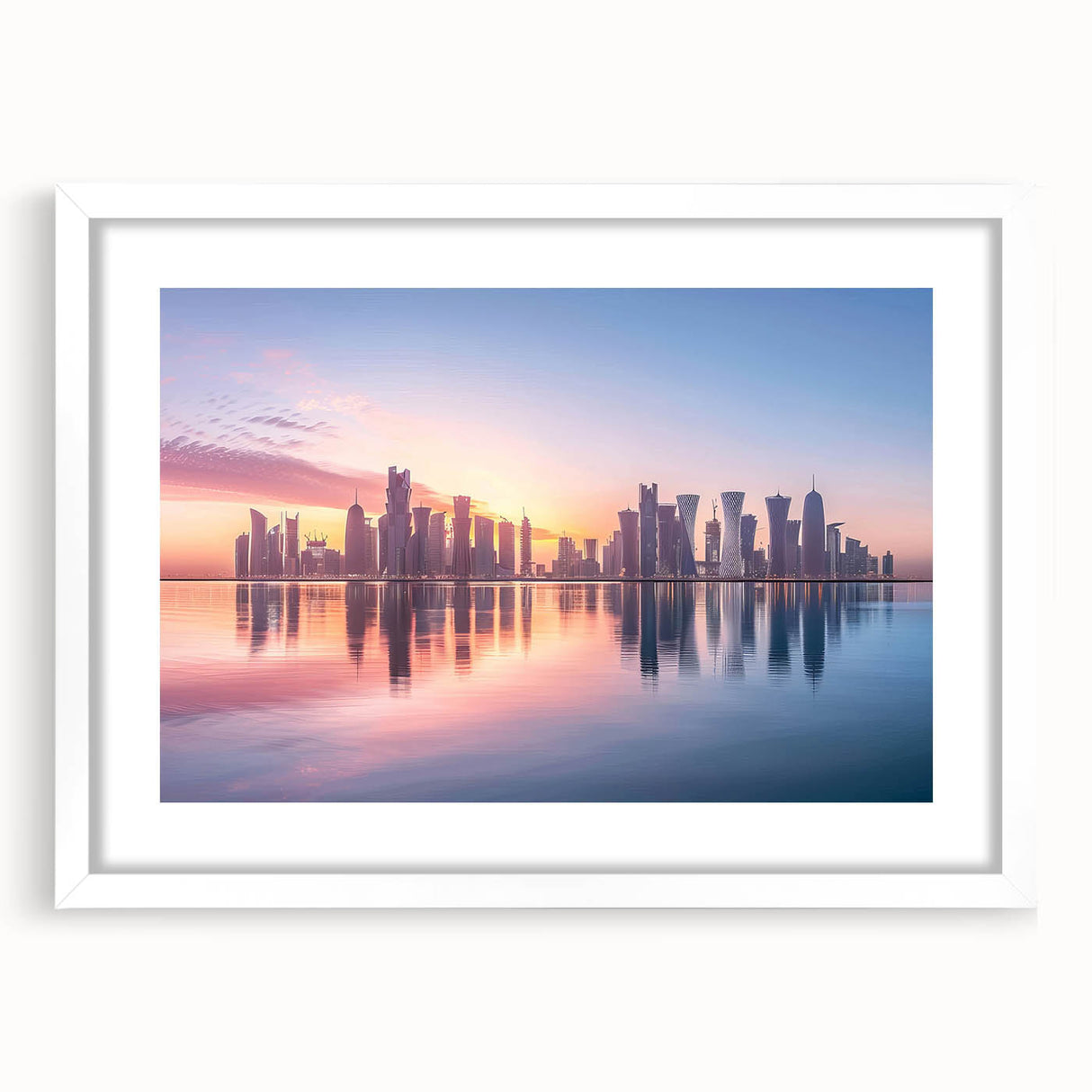 Abstract art print of a Middle Eastern Qatar scenery in muted earth tones on a white matted frame.