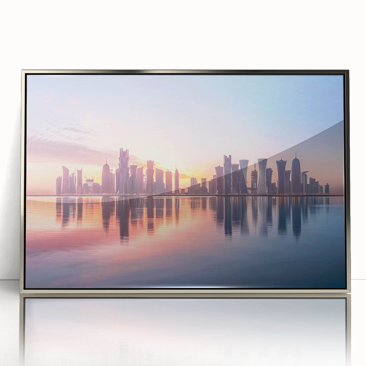 Mid-century modernist art of Qatar scenery in silver-framed acrylic, featuring muted earth tones, ideal for nursery wall art.