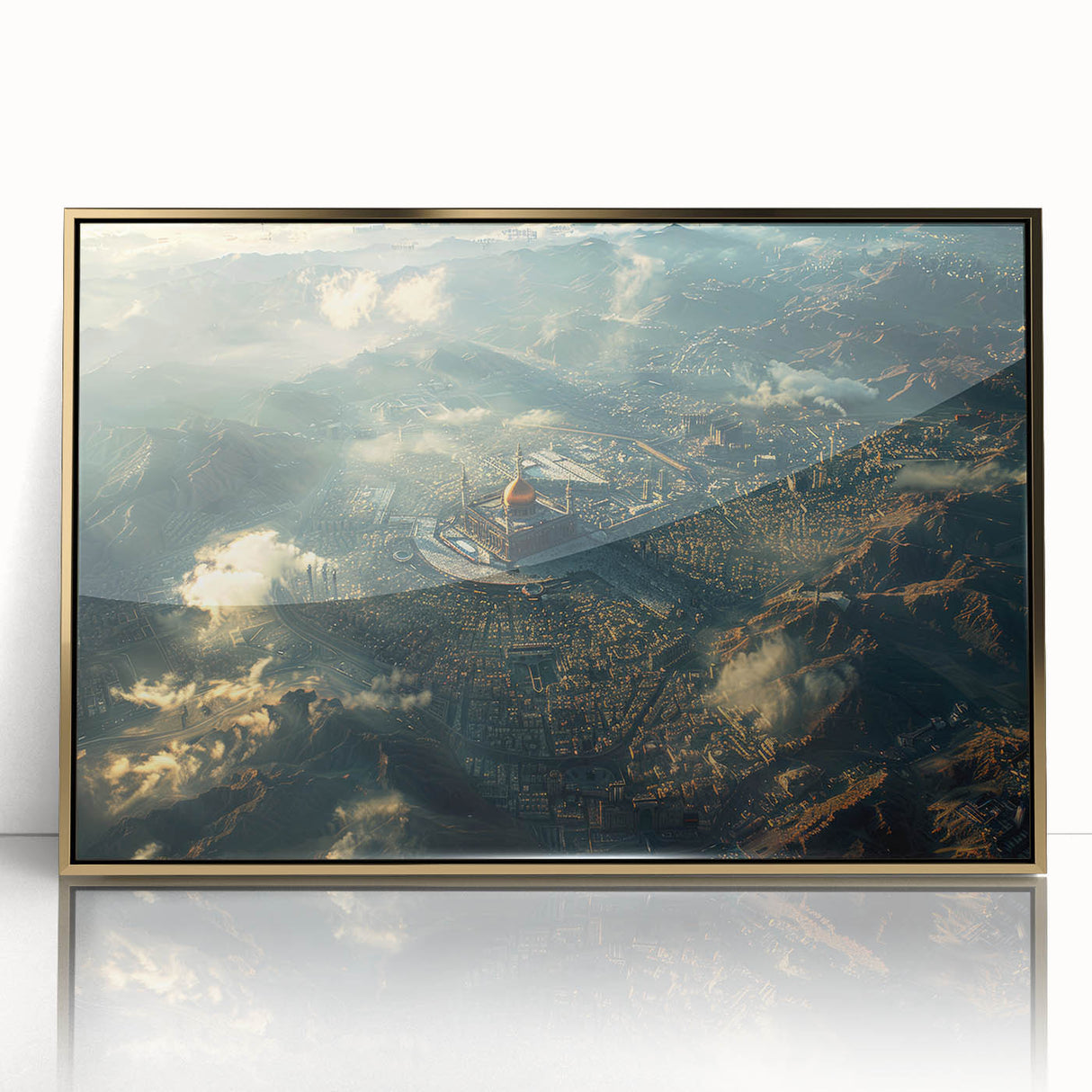 Framed acrylic print of a Saudi Arabian landscape in gold and earth tones, ideal for modern art wall decor.