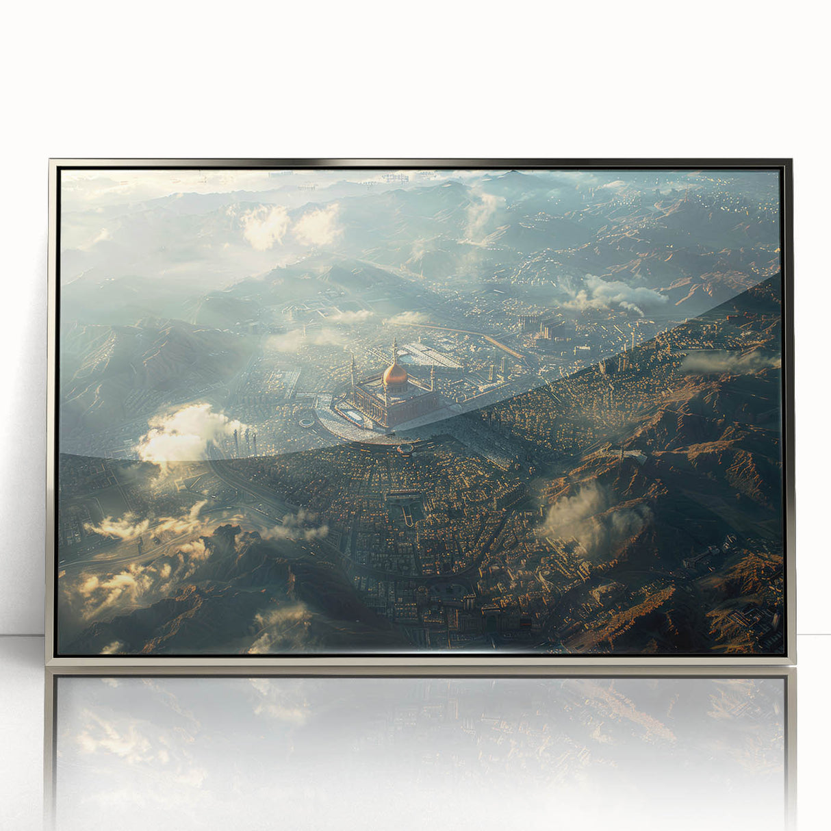 Mid-century modernist art depicting a scenic Saudi Arabian landscape in muted earth tones on a framed acrylic print.
