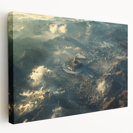 Scenic depiction of a Middle Eastern landscape on a large stretched canvas, featuring earthy tones.