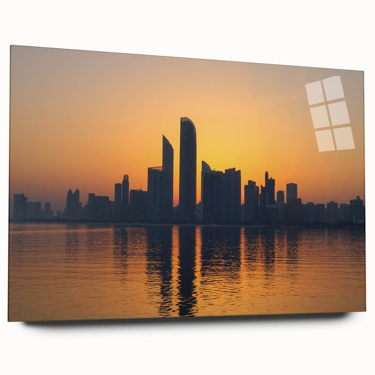 Large abstract wall art of Abu Dhabi skyline in muted blue and gray tones on acrylic glass.