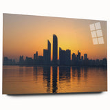 Large abstract wall art of Abu Dhabi skyline in muted blue and gray tones on acrylic glass.