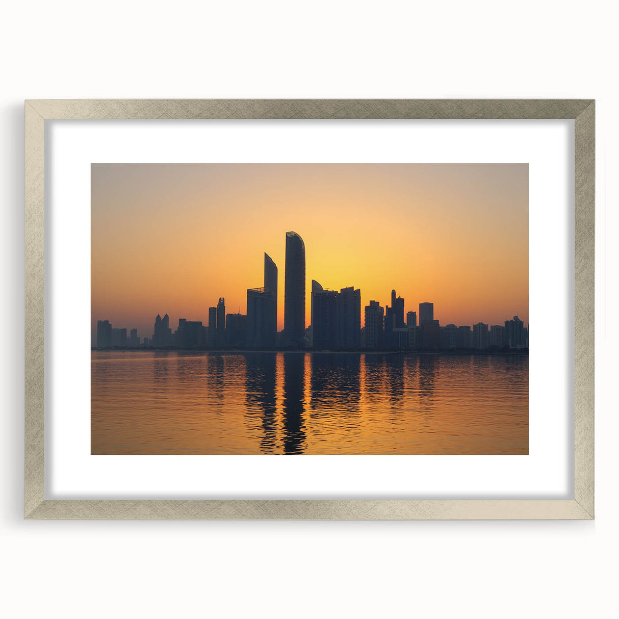 Textured abstract art print of Abu Dhabi skyline in muted earth tones on a framed silver canvas, ideal for bedroom art.