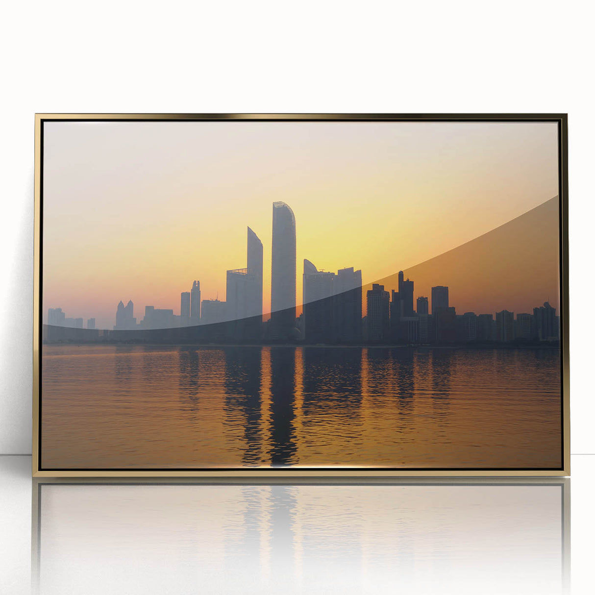 Framed acrylic print of Abu Dhabi skyline in gold and blue tones, ideal for modern art wall decor.