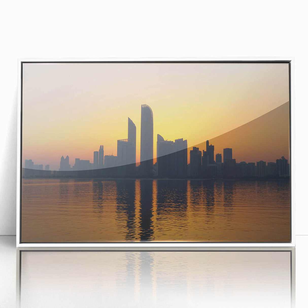 Art deco style poster of Abu Dhabi skyline in muted gray and blue tones on framed acrylic, ideal for modern bedroom ambiance.