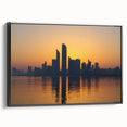Black and white framed canvas featuring the Abu Dhabi skyline, suitable for bedroom wall art with a vintage poster style.
