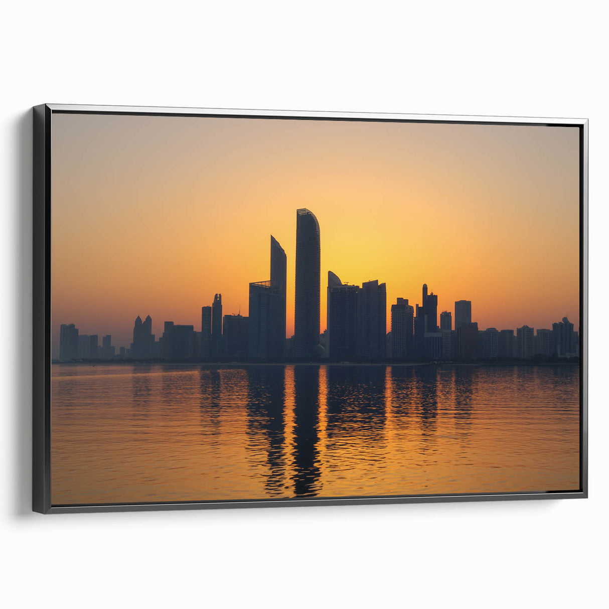 Black and white framed canvas featuring the Abu Dhabi skyline, suitable for bedroom wall art with a vintage poster style.
