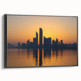 Black and white framed canvas featuring the Abu Dhabi skyline, suitable for bedroom wall art with a vintage poster style.
