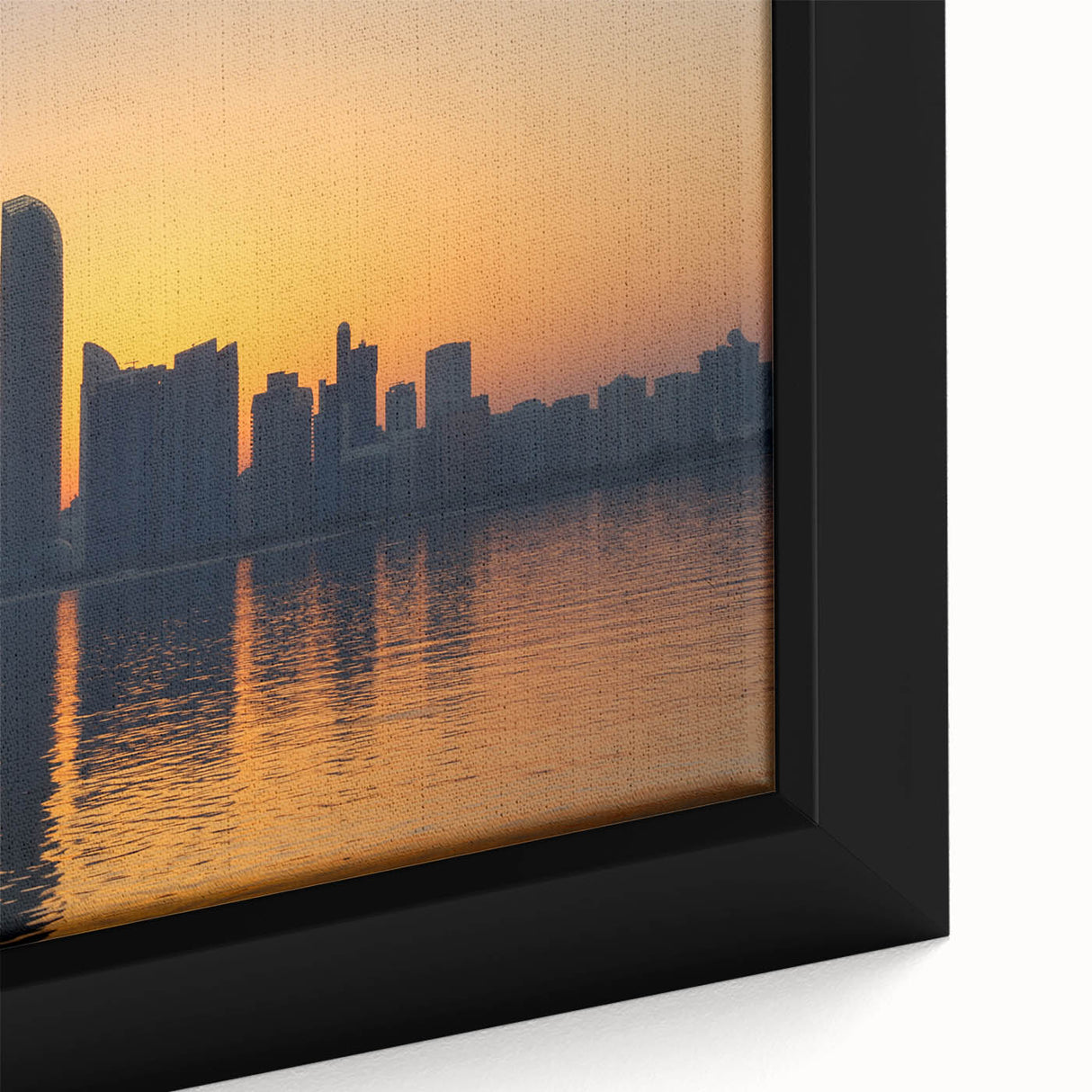 Extra large framed canvas of Abu Dhabi skyline in black with colorful, textured details, suitable for living room decor.