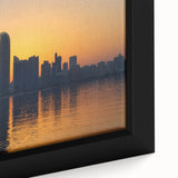 Extra large framed canvas of Abu Dhabi skyline in black with colorful, textured details, suitable for living room decor.