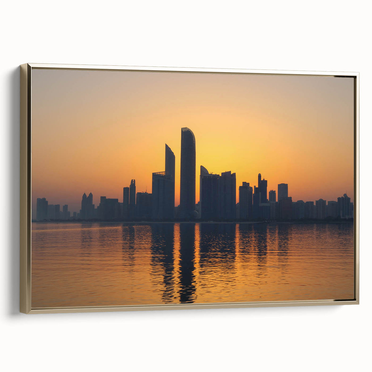 Framed canvas wall art featuring a vintage-style landscape painting of Abu Dhabi, with muted earth tones.