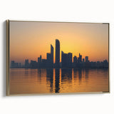 Framed canvas wall art featuring a vintage-style landscape painting of Abu Dhabi, with muted earth tones.