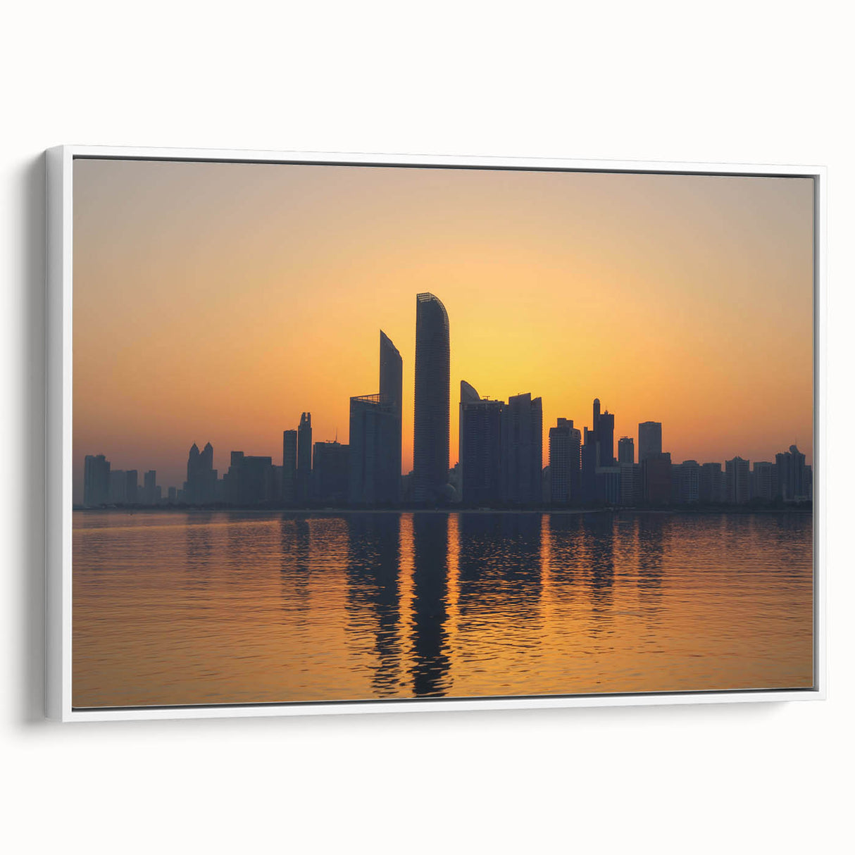 Vintage poster art of Abu Dhabi skyline on framed canvas, featuring colorful art in black, ideal for living room decor.