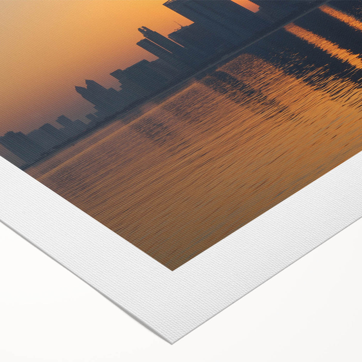 Art deco poster of Abu Dhabi skyline in muted gold and blue tones on rolled canvas, suitable for dining room wall art.