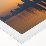 Art deco poster of Abu Dhabi skyline in muted gold and blue tones on rolled canvas, suitable for dining room wall art.