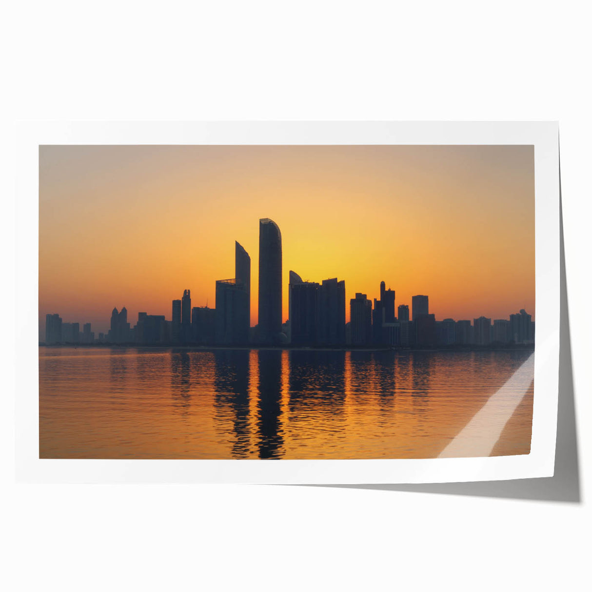 Extra large rolled print of Abu Dhabi skyline in muted gray and blue tones, ideal for art wall dining room.