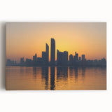 Black and white stretched canvas featuring a panoramic view of Abu Dhabi skyline, ideal for kitchen wall art.