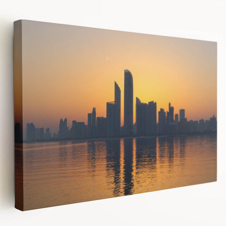 Large stretched canvas featuring a panoramic view of Abu Dhabi skyline in muted earth tones, ideal for kitchen wall art.