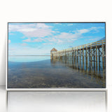 Art deco poster depicting a serene Oceania Fiji landscape in pastel shades, framed in white acrylic.