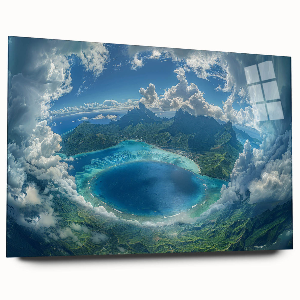 Acrylic print of a serene Bora Bora landscape in soft blue and green hues, suitable as bedroom or dining room art.
