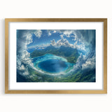 Textured abstract art print of Bora Bora scenery in gold frame, using muted blue and green tones, ideal for bedroom art.