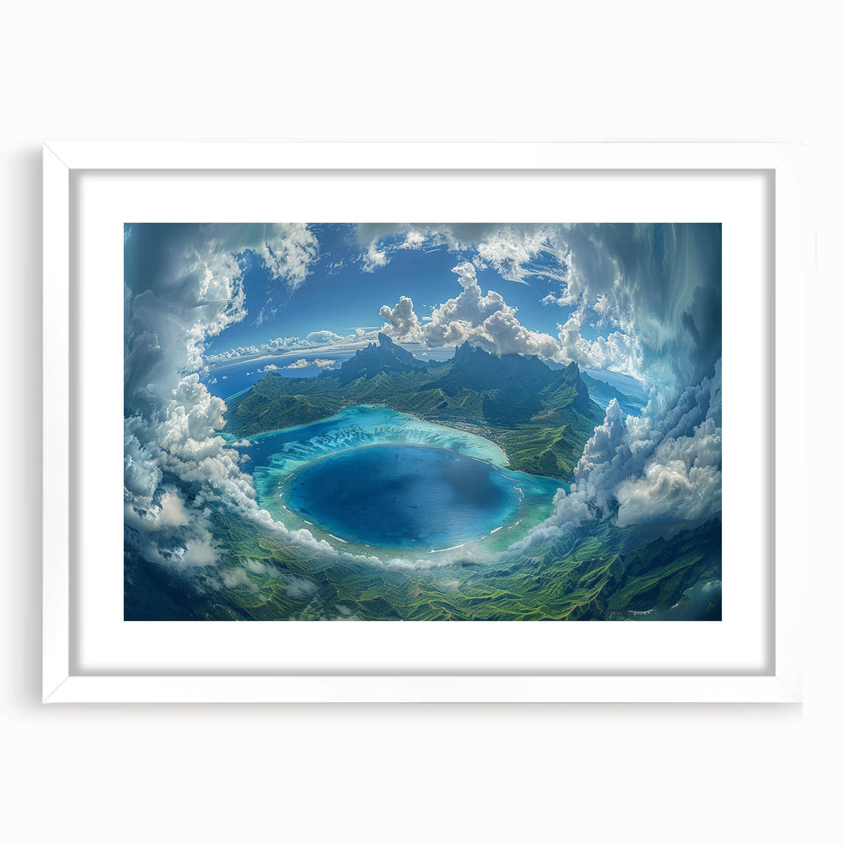 Abstract art print of Bora Bora with teal and blue hues on a white framed canvas, suitable for bedroom or dining room decor.