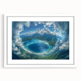 Abstract art print of Bora Bora with teal and blue hues on a white framed canvas, suitable for bedroom or dining room decor.