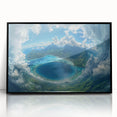 Large abstract wall art depicting the serene Bora Bora landscape in soft blue and green tones, framed in black acrylic.
