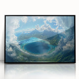 Large abstract wall art depicting the serene Bora Bora landscape in soft blue and green tones, framed in black acrylic.