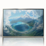 Mid-century modernist art depicting a serene Bora Bora landscape with vivid blue waters and lush greenery on silver-framed…