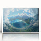 Art deco poster of French Polynesia's Bora Bora scenery with ocean views in a white framed acrylic.