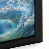 Black wall art featuring a textured depiction of Bora Bora with vibrant blues and greens, framed canvas.