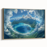 Framed canvas of vintage poster art depicting Bora Bora, featuring vibrant ocean blues and lush greens.