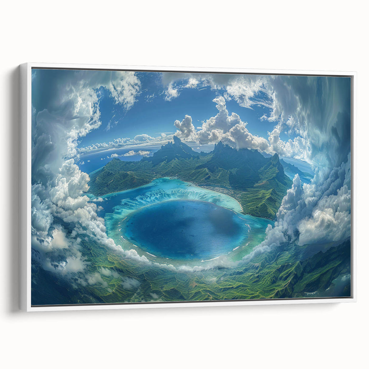 Vintage poster art of Bora Bora landscape with muted blue and green tones on a framed canvas, ideal for bedroom wall decor.