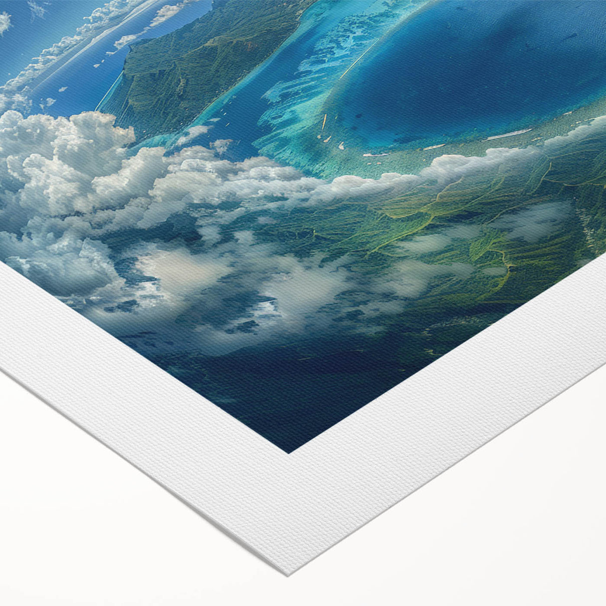 Art deco poster of Bora Bora scenery featuring serene blue water and lush green islands on rolled canvas.
