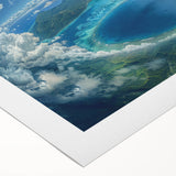 Art deco poster of Bora Bora scenery featuring serene blue water and lush green islands on rolled canvas.