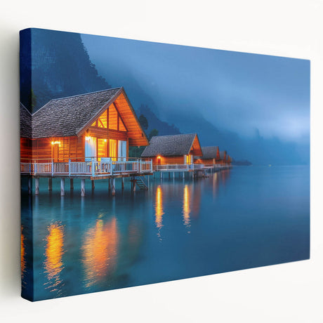 Large stretched canvas featuring a serene Tahitian landscape in cool blue and green tones, suitable for kitchen wall art.