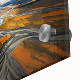 Large abstract wall art featuring a muted color palette of blues and greens on acrylic glass.