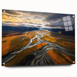 Acrylic print of a large abstract depiction of Canterbury, New Zealand, in muted blue and green tones.