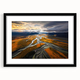 Colorful abstract art print of textured scenery, framed in black, ideal for living room decor.