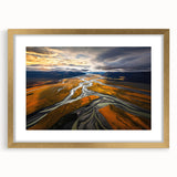 Extra large abstract art print depicting textured scenery of Canterbury, New Zealand, in muted earth tones, framed in gold.
