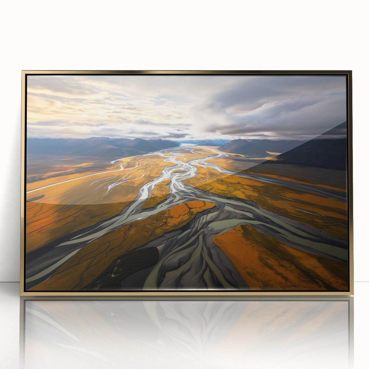 Large art print of a serene Canterbury, New Zealand landscape in muted green and blue tones, framed in gold acrylic.