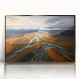 Large art print of a serene Canterbury, New Zealand landscape in muted green and blue tones, framed in gold acrylic.