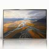 Mid-century modernist art depicting Canterbury, New Zealand scenery in muted earth tones on a silver-framed acrylic.