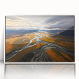 Art deco poster depicting the Canterbury, New Zealand scenery in muted earth tones, framed in white acrylic.