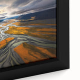Black wall art featuring a textured depiction of Oceania's Canterbury scenery in vibrant colors on a framed canvas.
