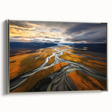 Framed canvas landscape art painting of Canterbury, New Zealand with silver frame, featuring muted earth tones.